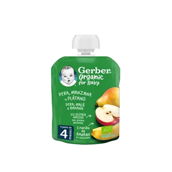 GERBER ORGANIC PACOTE PERA, MAÇÃ, BANANA 90G +4M
